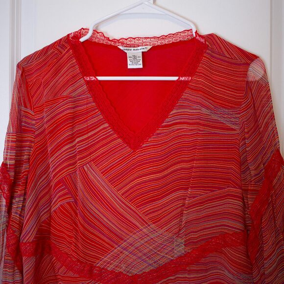 Sheer Red Swirl Silk Blouse Richard Malcolm Bell Sleeve V Neck L | True Spring - Picture 3 of 9